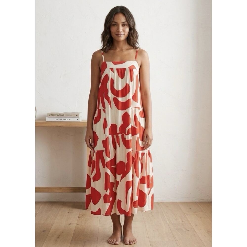 Maxi Sundress with Red Abstract Print - Cream Red